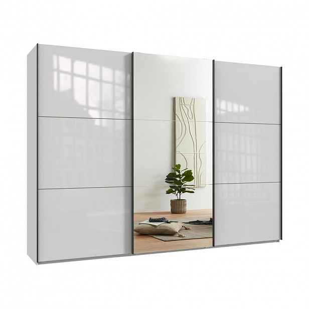 luma-home SKŘÍŇ S POSUVNÝMI DVEŘMI, 3dveřová, 300 × 216 × 65 cm (Š×V×H), bílá barva se skleněnými čely, jedny zrcadlové dveře / 22039