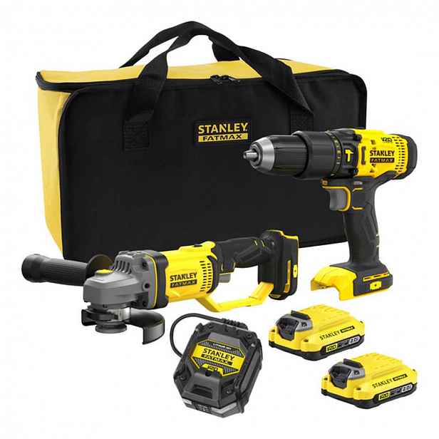 Stanley - 18V AKU sada příklepové vrtačky a úhlové brusky, 2x aku 2,0 Ah Li-Ion, nabíječka SFMCK471D2S-QW