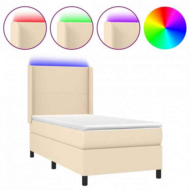 vidaXL Box spring postel s matrací a LED krémová 90x190 cm textil