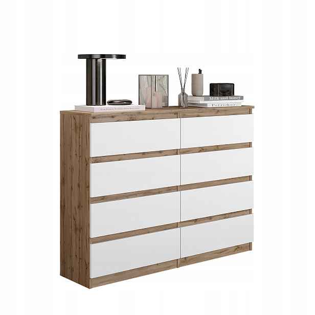 Komoda 120 CM Dub Wotan Bílý Mat 8 Zásuvek Obývací Pokoj, Ložnice