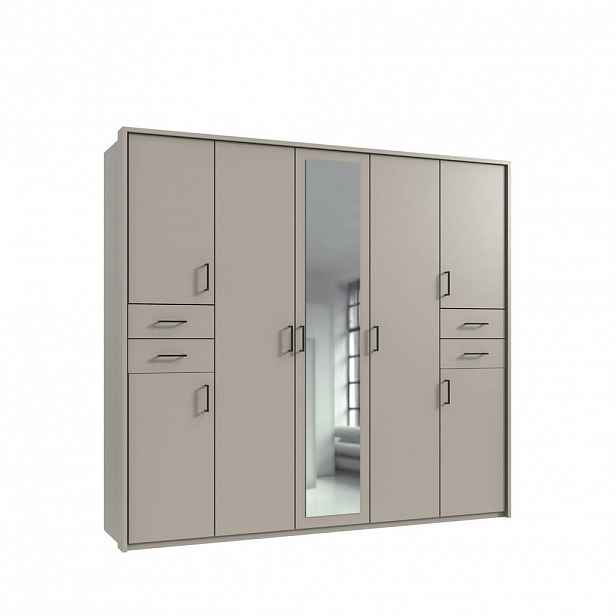 luma-home SKŘÍŇ S OTOČNÝMI DVEŘMI Š228/V210/H58 cm, v béžovo-šedé barvě, s paspartou, 1 zrcadlovými dveřmi a zásuvkami, černé úchytky / 22574