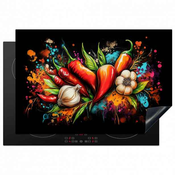 MuchoWow KRYT NA INDUKČNÍ DESKU Zelenina - paprika - česnek - graffiti - barva - barevné 76x51.5 cm