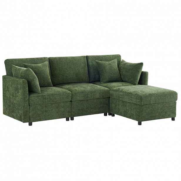 OKWISH ROHOVÁ sedací souprava 216/161/81 cm zelená z chenille s modulárním uspořádáním a taburetem