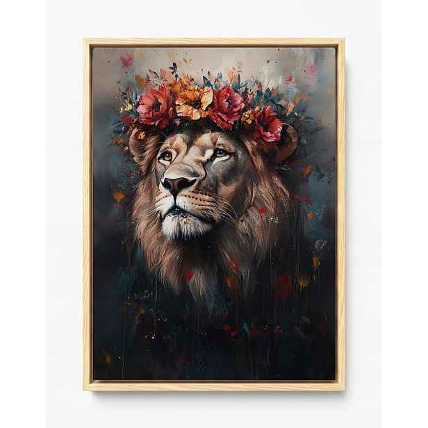 Obraz Rám Americký Box Portrét Zvířete Lev Král Věnec Květiny Boho 60x80