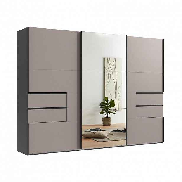 luma-home SKŘÍŇ S POSUVNÝMI DVEŘMI, 3dveřová, 300 × 216 × 65 cm (Š×V×H), korpus v barvě grafit, dveře a zásuvky v barvě pískově šedé / zrcadlové / 220