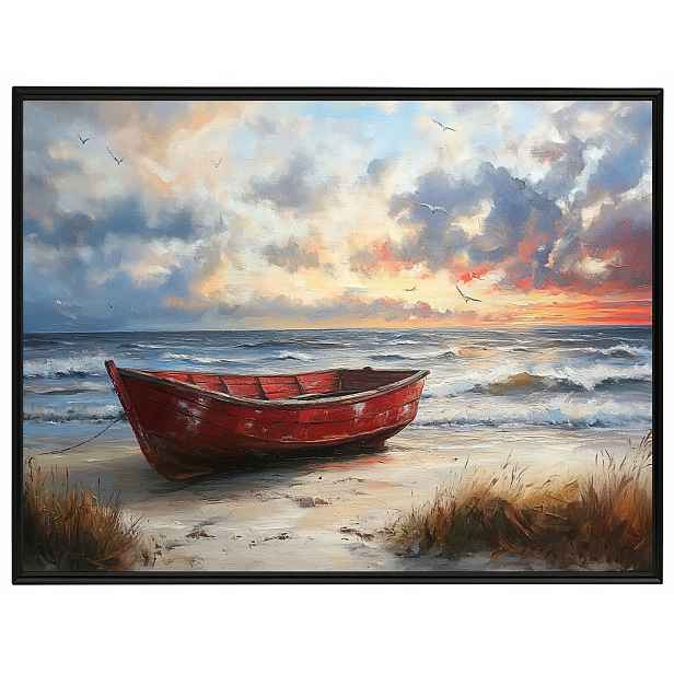 Plakát Rámeček Hliník Červený Loď Pláž Západ Slunce Moře Léto 80x60