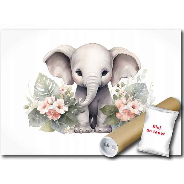 Vinylová Fototapeta Slon Slon Zvířátko Listy Květy Akvarel 254x184