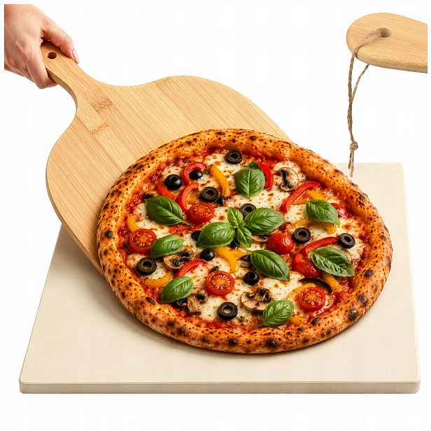 Kámen na pizzu 39x36 cm Velký Špachtle Bambusová deska na nanášení 2v1