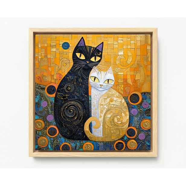 Obraz Rám American Box Mozaika Klimt Dvě Kočky Bílý Černý Yin Yang 50x50