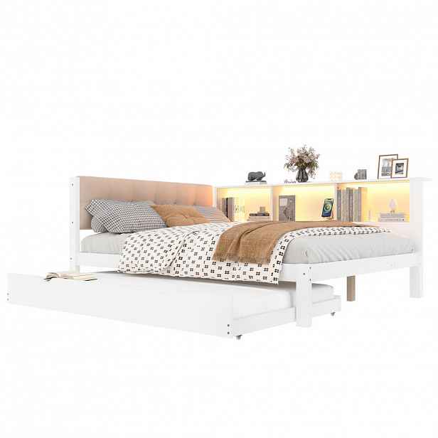 FLIEKS DENNÍ POSTEL 140x200cm Borovice LED USB Výsuvná Bílá