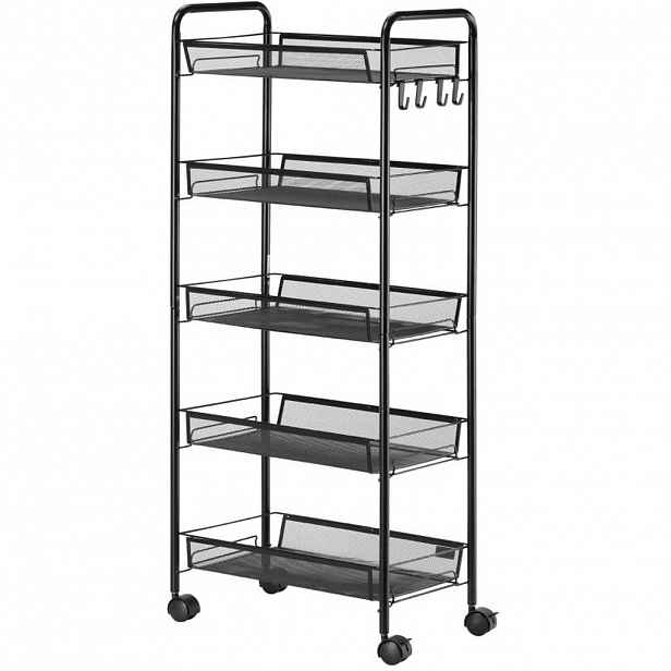 Modfu SERVÍROVACÍ vozík z oceli 45x26,5x106 cm černý se 4 koši, háčky a kolečky s brzdou