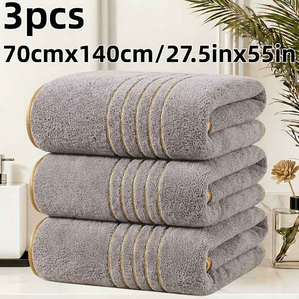 TEMU 3ks 70cm x 140cm Ručník do koupele se zlatou nití, 300 GSM, Zahuštěný korálový, Směsový materiál Poly-Jacquard, Různé barvy, Savý,