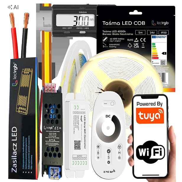 Set Led pásek Neon Cob 24V 5 m 4000K Bílý Wifi Ultra Tenký 3MM Dálkový Ovladač Rf