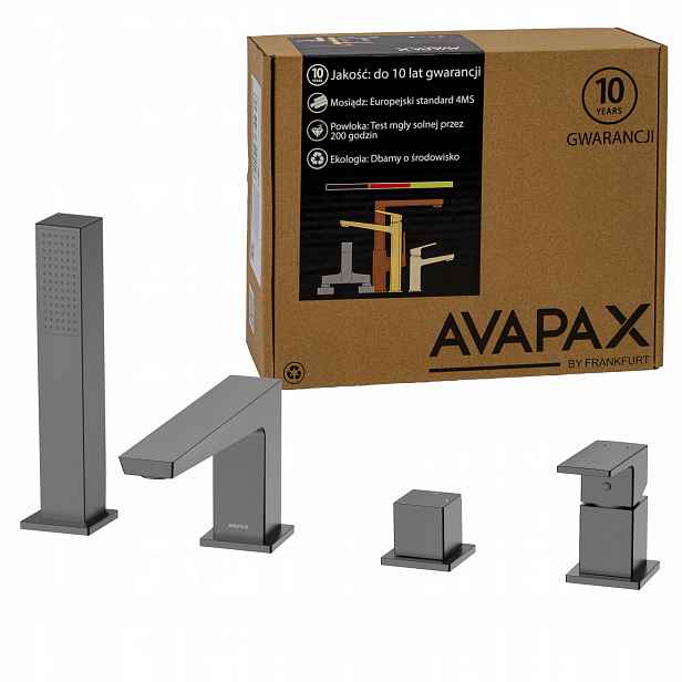 Baterie na okraj vany 4-otvorová stojící sprchová hlavice hadice Gun metal Avapax
