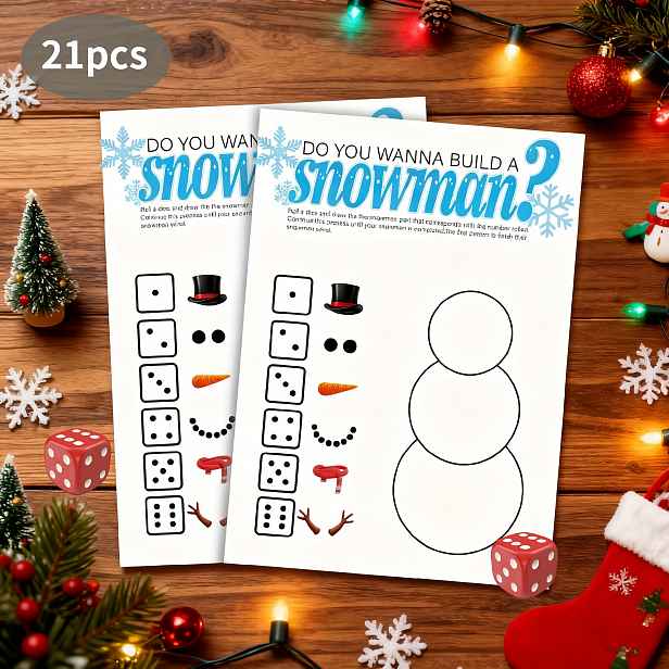 TEMU 21dílná sada herních karet ROLL A SNOWMAN, sada pro hru s házením kostek, hra Nakresli sněhuláka - Vhodné pro rodinná setkání a svátky, zimní