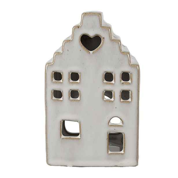 Béžový porcelánový domek svícen na čajovou svíčku Christmas House M - 9*7*14 cm Clayre & Eef