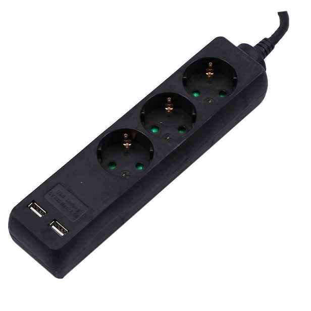 V-tac Prodlužovací Kabel 3 zásuvky 2 porty Usb (3G 1.5MM2 X 1.5M) černý