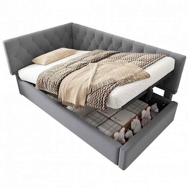 OKWISH ČALOUNĚNÁ postel 90/200 cm šedá ze sametu s hydraulickým úložným prostorem a roštem