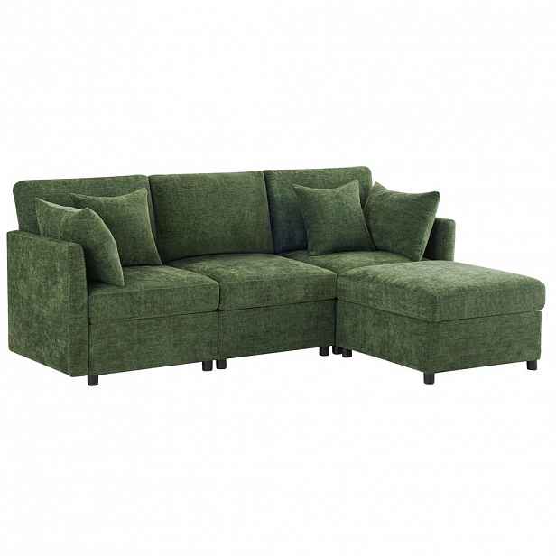 Modfu ROHOVÁ pohovka z chenilu 216x161x81 cm zelená s pohyblivým taburetem, modulárním uspořádáním a 4 polštáři