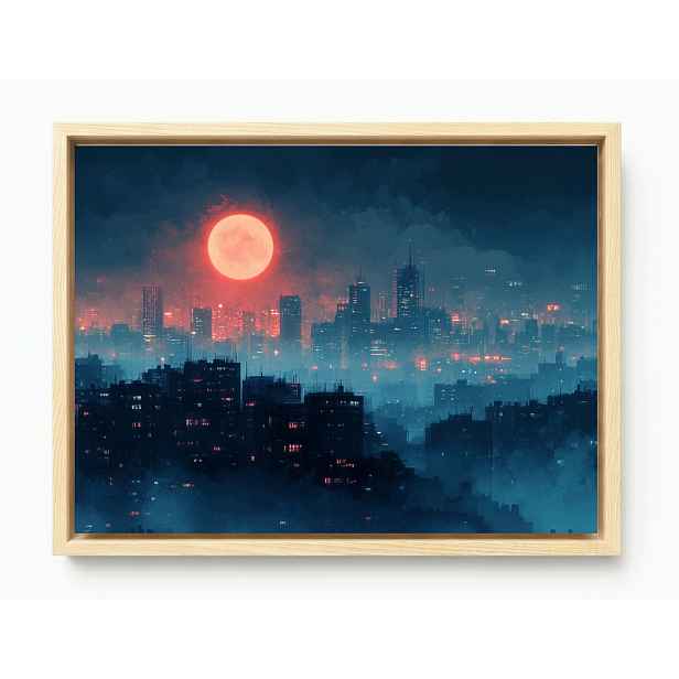 Obraz Rám Americký Box Město Mrakodrapy Bloky Noc Červený Měsíc 80x60