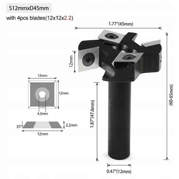 Fréza na plánování dřeva s vyměnitelnými destičkami průměr 45 mm x 12 mm 4P