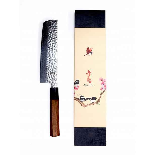 Japonský Nůž šéfkuchaře Aka Tori Nakiri Ocel Damašková TokioHammer 18 cm
