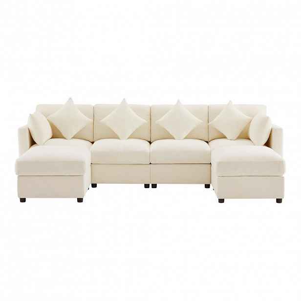 Modfu MODULÁRNÍ rohová pohovka z chenillu 284x156,5x86 cm béžová s 2 taburety, polohovacími područkami a 6 polštáři