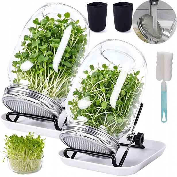 2KS Skleněných Sklenice Na Klíčení Pro Pěstování Mikrogreenů 1000 ML S Talířem