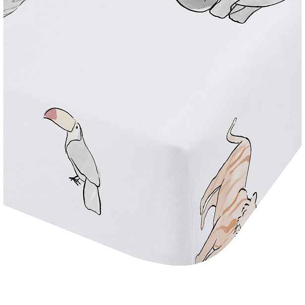 Bílé napínací bavlněné dětské prostěradlo do postýlky 70x140 cm Zoo Animals – Bianca