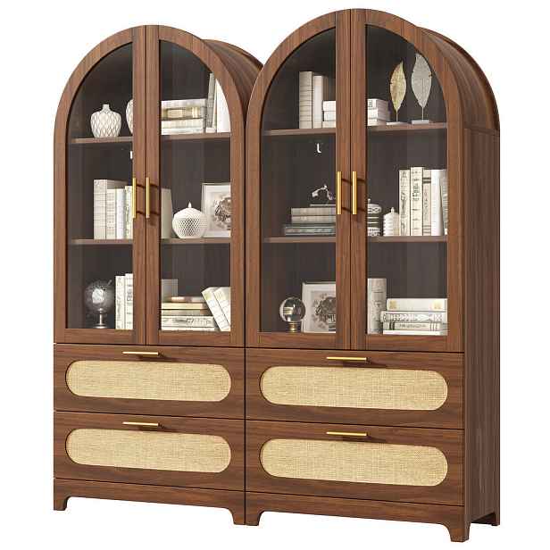EVRYAE VITRÍNA Vitrínová skříň s obloukovým tvarem, skleněnými dvířky, zásuvkami, ochranou proti převrácení, vzhled dřeva, retro design, standardní ve