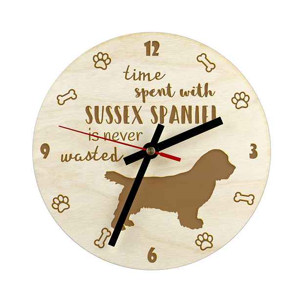 Sussex Spaniel gravírovaný hodinový stroj se psem, průměr 30 cm, jméno psa