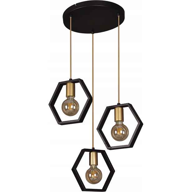 Závěsná lampa lustr trojitý černý zlatý včelí plástve moderní Kaja