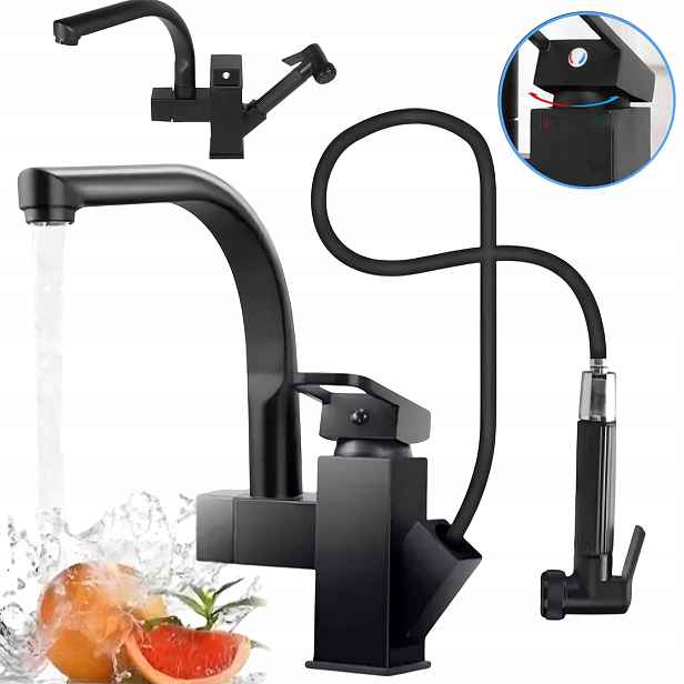 Kuchyňská baterie s flexibilním otočným ramínkem pro umyvadlo 2v1 Černá