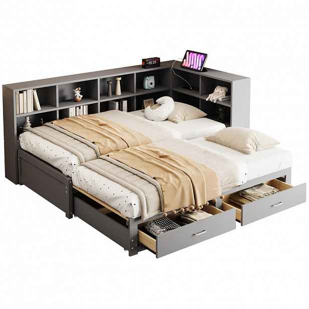 OKWISH MULTIFUNKČNÍ postel 90/180x190 cm šedá z borového dřeva s úložným prostorem a zásuvkou