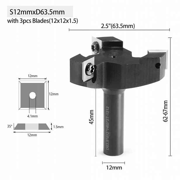 Zarovnávací fréza dřeva s vyměnitelnými destičkami ø 63,5 mm x 12 mm 3 zuby