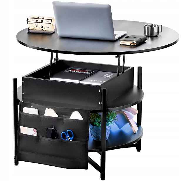 Kávový stolek kulatý s zvedací deskou a úložným prostorem 90 cm