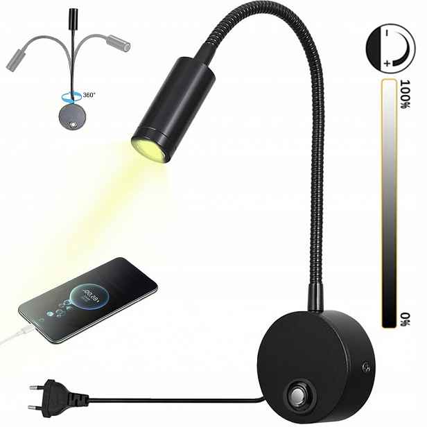 Led Nástěnné Svítidlo 3W 3000K-6000K Svítidlo Na Čtení S Přepínačem Usb