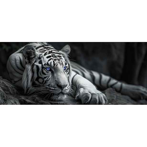Panoramatický obraz na plátně Černobílý tygr s modrýma očima, 140x60 cm