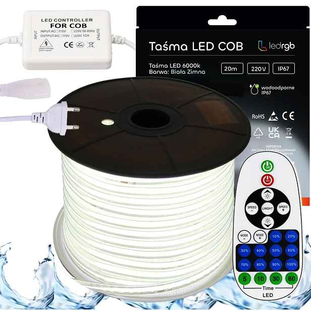 Set Led pásek Cob 230V 20 m 6000K Bílý Studený Napájecí Zdroj Ovladač Dálkový Ovladač Ir
