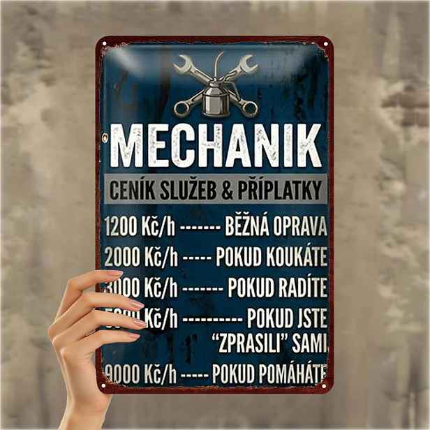 TEMU 2D plochá 1ks, "Mechanický kovový umělecký znak - Vtipná dekorace dílny s humornými služeb v češtině" 8×12 palců