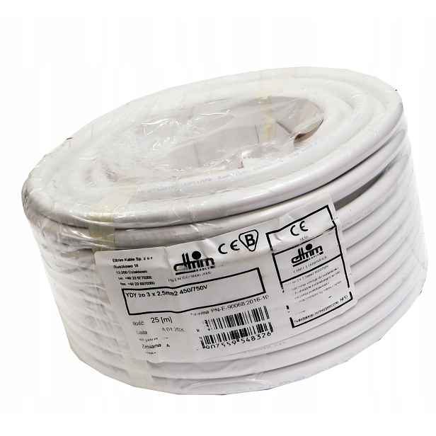Kabel Ydy 3x2,5 mm 450 750V měděný drát Cu ž/o 750V 25 m