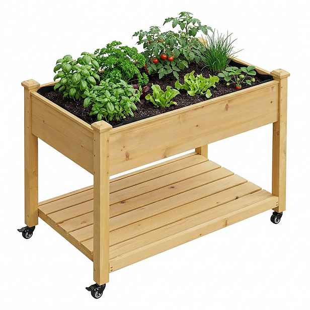 Relaxdays ZÁHON Přírodní jedlové dřevo na kolečkách s policí 84 cm