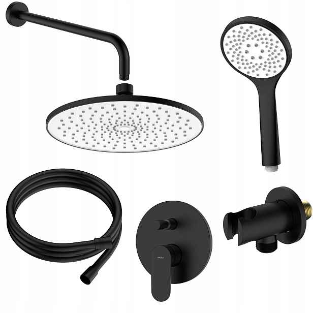 Sprchový set pod omítku s dvoufunkční baterií, černá, sprchová hlavice, hadice