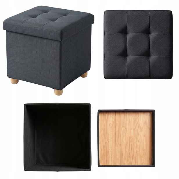 Taburet S Úložným Prostorem Polyester Černá 38X38X38 CM, Skládací Dřevěné Nohy