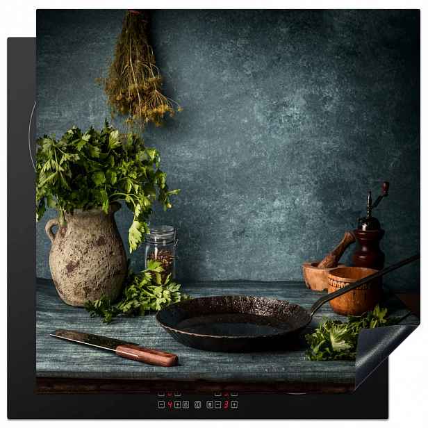 MuchoWow KRYT NA INDUKČNÍ DESKU Bylinky - Koření - Pánev - Nůž - Šedý - Rustikální 78x78 cm