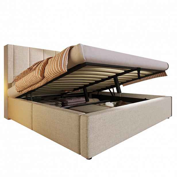 Redom ČALOUNĚNÁ postel 160/200 cm s USB nabíjecí stanicí, skrytým držákem na nápoje a úložným prostorem, Béžová
