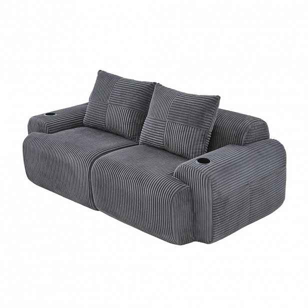 OKWISH POHOVKA 200/99/80 cm tmavě šedá z manšestru s držákem na nápoje a boční kapsou