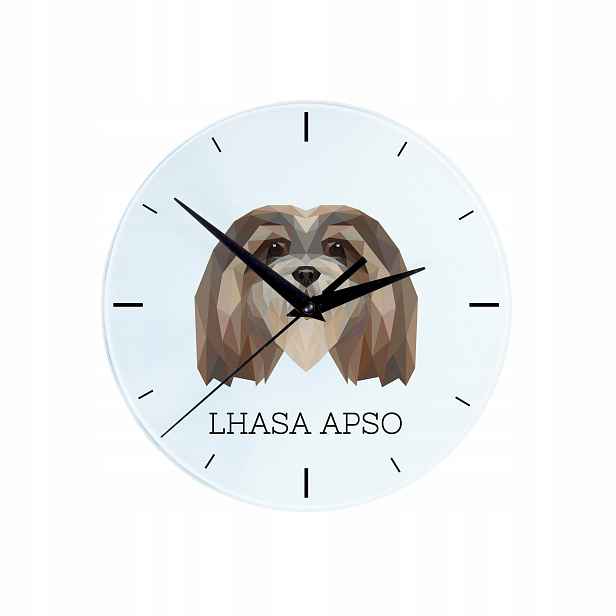 Lhasa Apso skleněné závěsné nástěnné hodiny s geometrickým psem