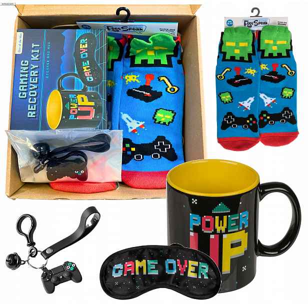Sada pro hráče hrnek Power Up páska na oči Ponožky Game Over