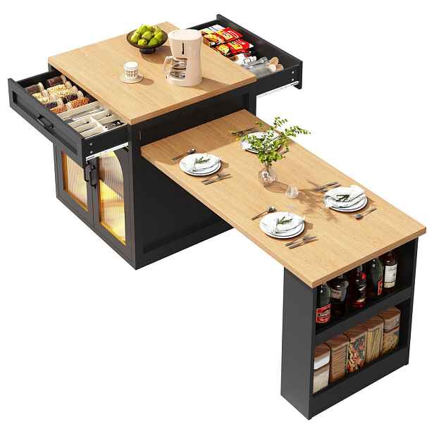 EVRYAE KUCHYŇSKÝ OSTRŮVEK s LED osvětlením, 2 zásuvkami, pracovní deskou MDF